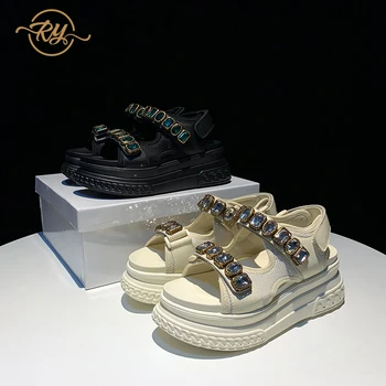 

RY-RELAA womens shoes Summer sandals fashion Genuine Leather luxury shoes women designers Rhinestones women sandals ins Trends