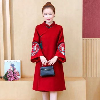 

Winter Women Improved Cheongsam Cotton Wool Coat Embroidery Office Lady Woollen Red Cashmere Coats Plus Size 4xl 5xl Korean