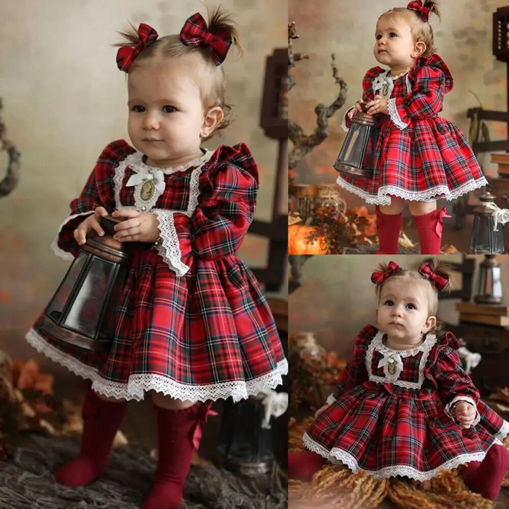 2020 Christmas Toddler Kids Baby Girl Princess Dress Red Plaid Ruffles