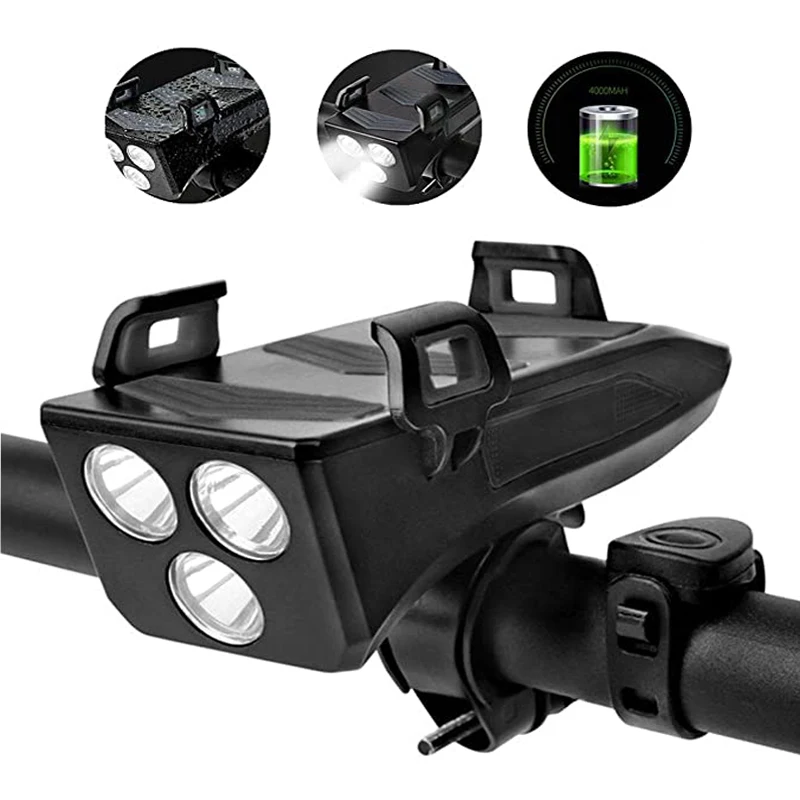 

Multi-function 4 in 1 Bicycle Light Telefoon Houder USB Rechargeable LED Bike Headlight Fiets Hoorn Telefoon MTB Front Light