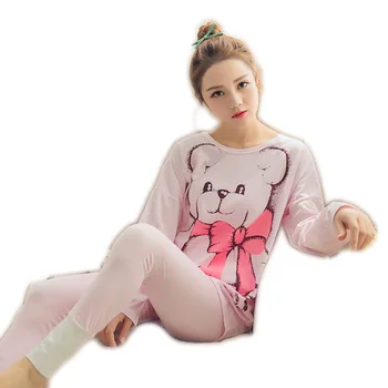 

2020 New Spring Models of Knitted Cotton Girls Cartoon Pajamas Long Sleeve Casual Ms. Women's Clothing