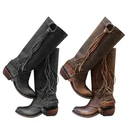 Обувь; женские высокие сапоги; обувь из искусственной кожи; винтажные сапоги до колена на низком каблуке с бахромой; C55