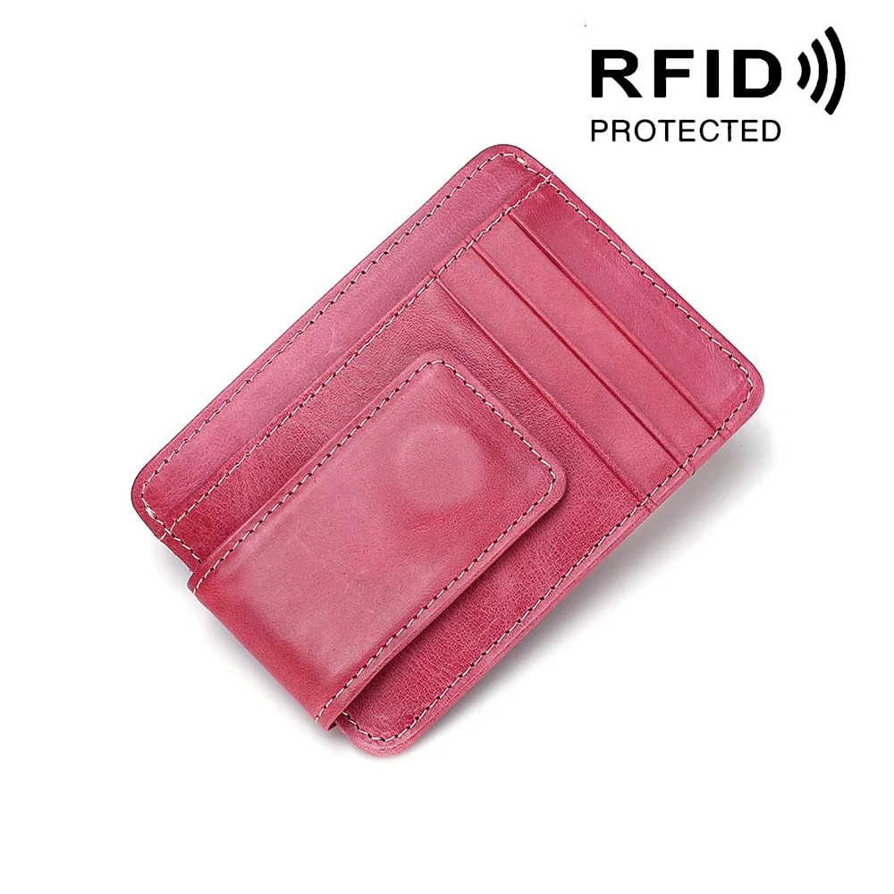 Ультратонкий магнитный зажим для денег передний карман кошелек тонкий из натуральной кожи RFID Блокировка Сильный Магнит Складные кожаные мужские кошельки - Цвет: Rose Purple