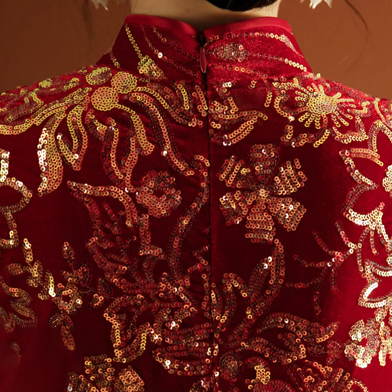 Chinese Dress Female Evening Dress Velvet Phoenix Tail Cheongsam Chinese Style Classic Qipao Vintage Button Dresses Gown Spring Banquet