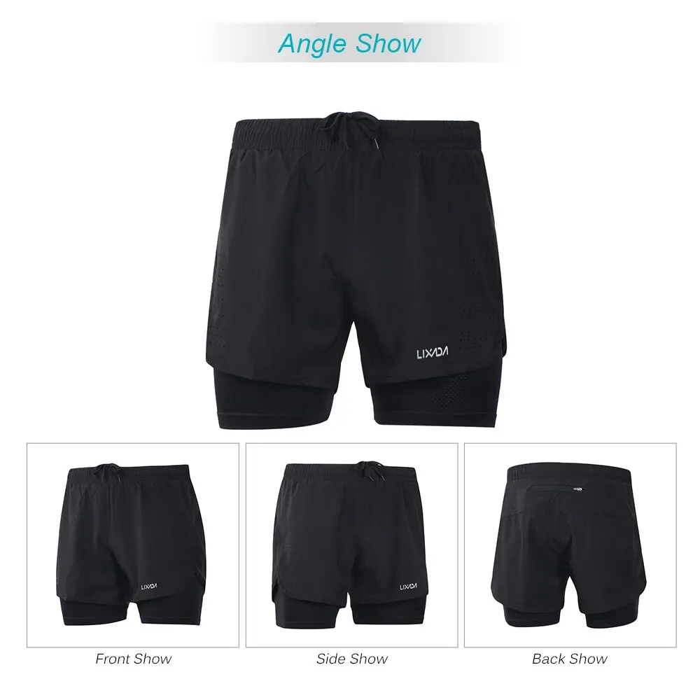 Lixada Men's 2-in-1 Running Shorts Quick Drying Breathable Active Training Exercise Jogging Cycling Shorts with Longer Liner
