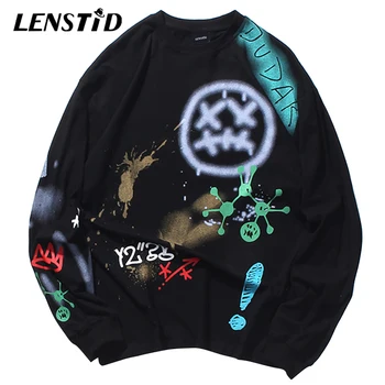 

LENSTID 2020 Streetwear Men Graffiti Printed T Shirt Hip Hop Tshirts Long Sleeve Cotton Casual Black T-Shirt Fashion Loose Tees