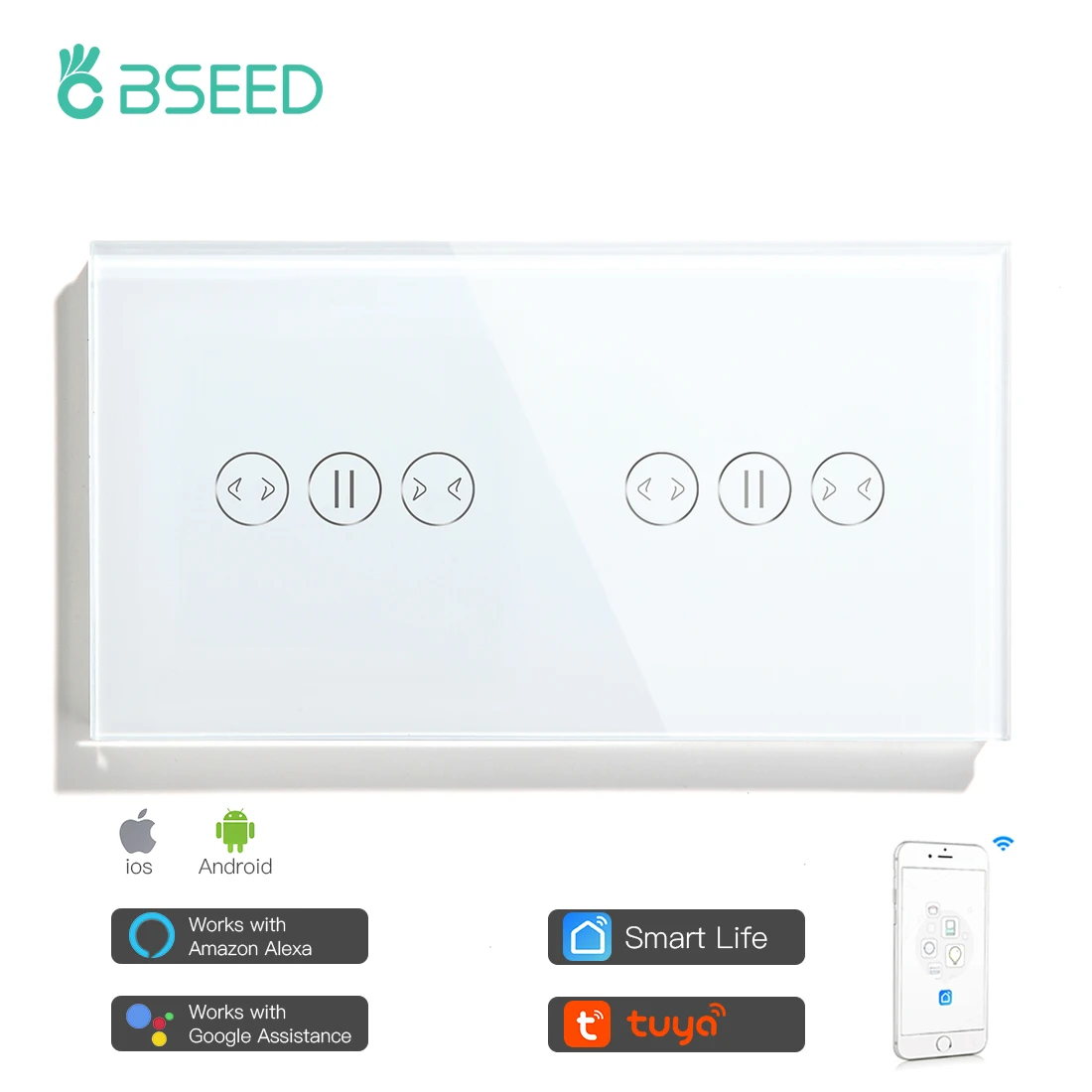 Bseed Wifi Touch Curtain Switch Double Smart Roller Shutter Black White Blinds Wireless Crystal Class Smart Life TUYA App