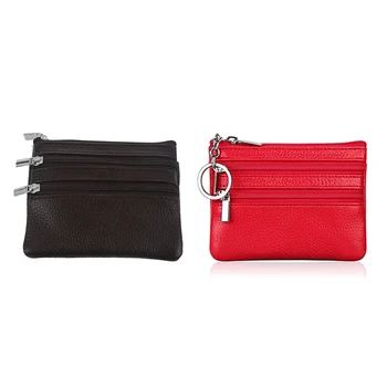 

2 Pcs Leather Change Coin Purse with 4 Pockets and Keychain for Women, Coffee & Red