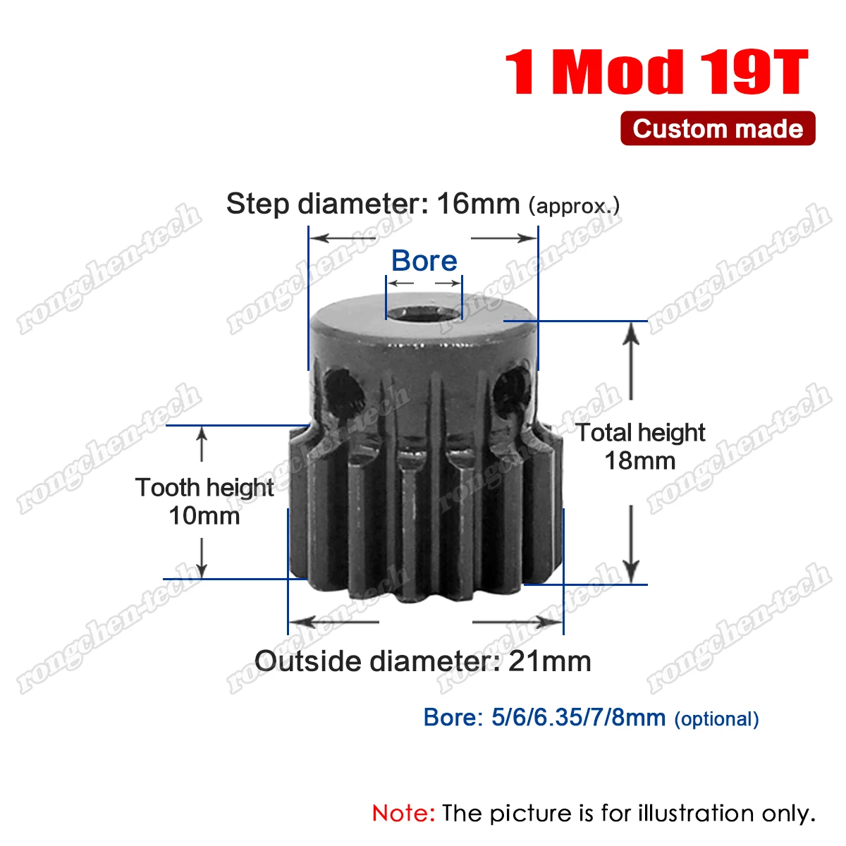 Шестерня 19T Mod с 1 шестерней 5/6/6.35/7/8 мм Наружная отверстием диаметр 21 мм-45 # сталь |