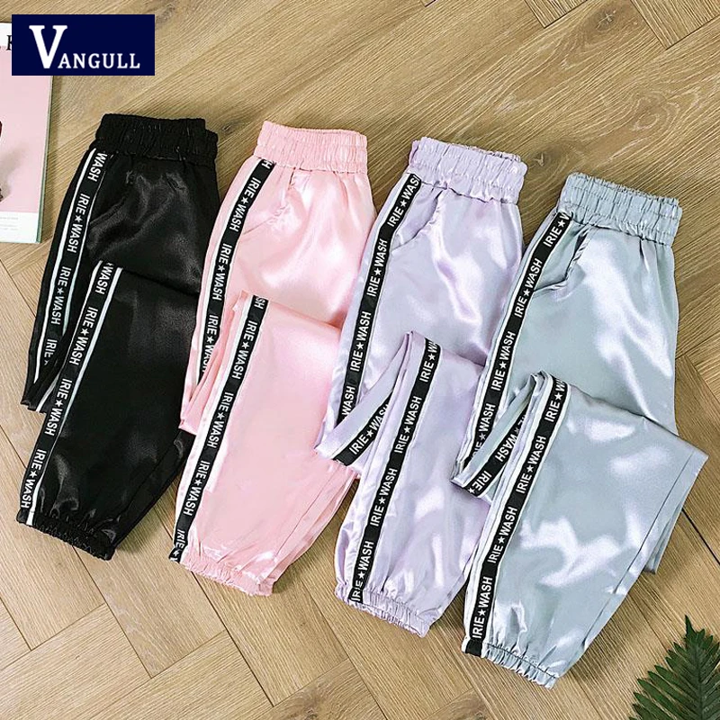 

Vangull Satin Highlight Harem Pants Big Pocket Women Glossy Ribbon Ankle-Length Pants BF Harajuku Joggers Female Sports Pants