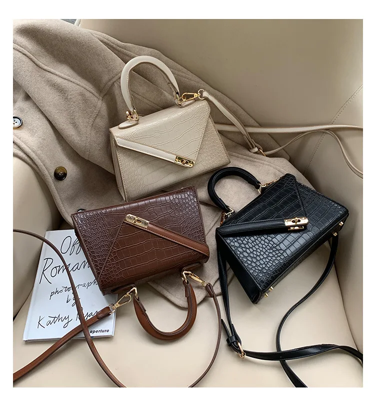 Women Small Top Handle Bag Luxury Brand Trapezoid Shaped Handbag for Women Girls Crocodile Print PU Leather Cross body Bag Beige (12)