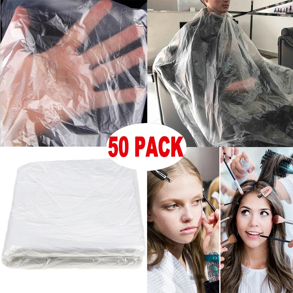 50x Disposable Haircut Capes Clear Barber Home Shawl Apron Cloth + 8x Hair Clips