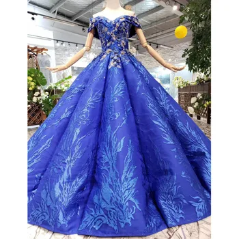 

BGW 326ht Ball Gown Blue Prom Dresses 2019 Off The Shoulder Sweetheart Floor Length Swollen Pleat Evening Dresses With Flowers