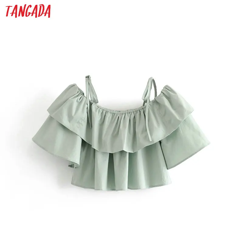 

Tangada women stylish green off shoulder shirt slash neck short sleeve blouse female ruffles crop blouse top blusas mujer 3H306