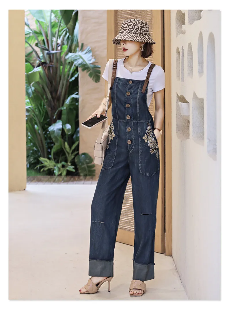 Summer Women Denim Jumpsuit 2020 Vintage Single Breasted Bodysuit Adjustable Shoulder Flower Embroidery Pockets Jumpsuits (1)