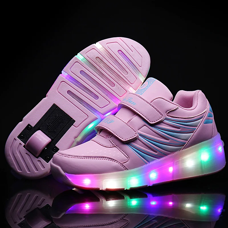 LED Flashing Skating Shoes Invisible Automatic Pulley Single Double Wheels Boy Girl Roller Skate Luminous Shoes 