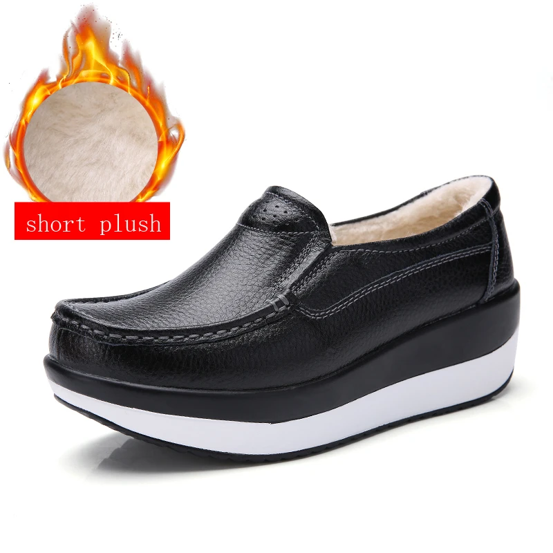 black short plush EOFK/женские лоферы на плоской платформе; женские мокасины из натуральной кожи; Женская Осенняя повседневная обувь без застежки - Цвет: black short plush