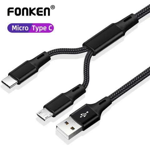 FONKEN 2 In 1 USB Cable Micro USB Type C Dual Charging For Phone Cable 1.2m Android Mobile Charger Cord Fast Charge Type-C Wire Pakistan