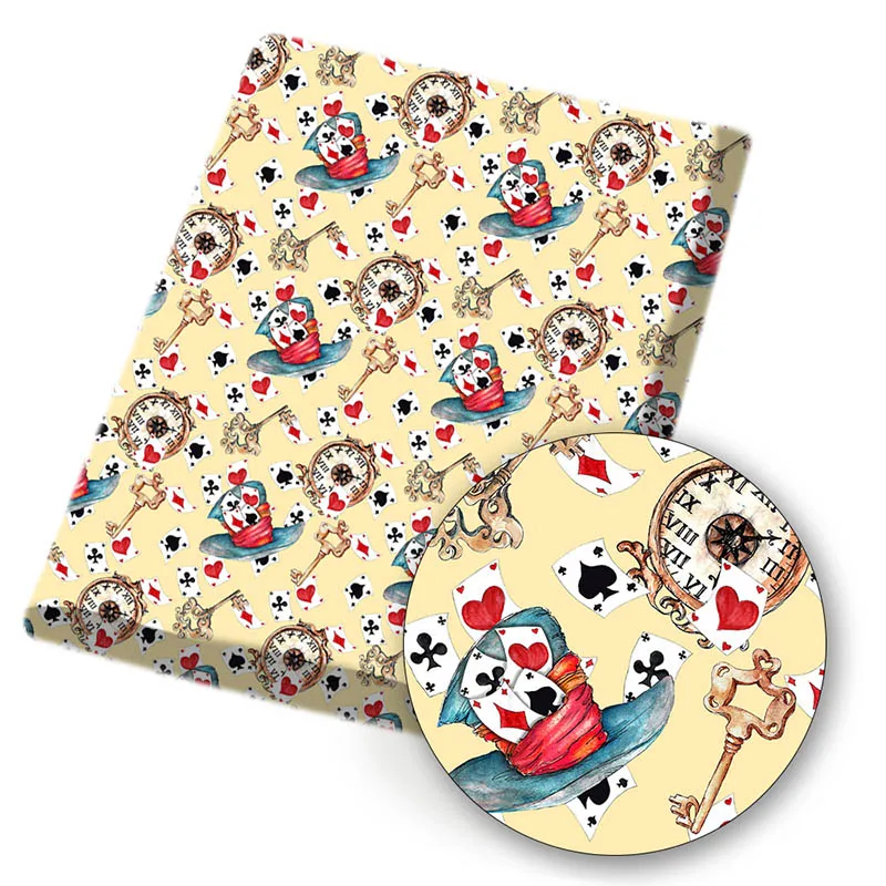 

45*150cm Cartoon Poker Clock Key Printing Polyester Cotton Fabric DIY Sewing Bag Cute Hat Mushroom Hair Accessories Material