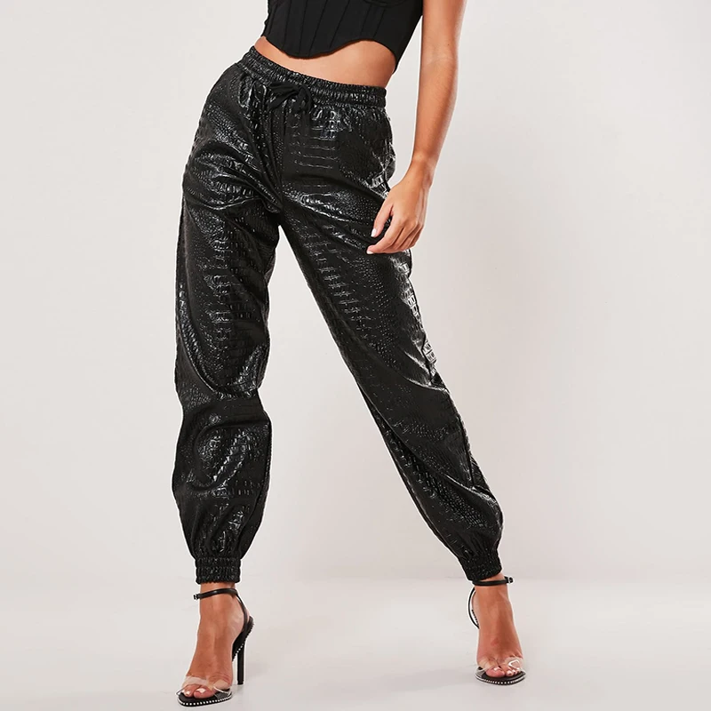 InstaHot шаровары брюки для женщин искусственная кожа свободные Jogger Mujer черный высокая уличная эластичный пояс повседневные армейские уличная одежда