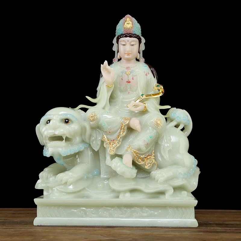 Luxury high gilding jade BUDDHA figure Buddhism Lion GOD WEN SHU PUSA