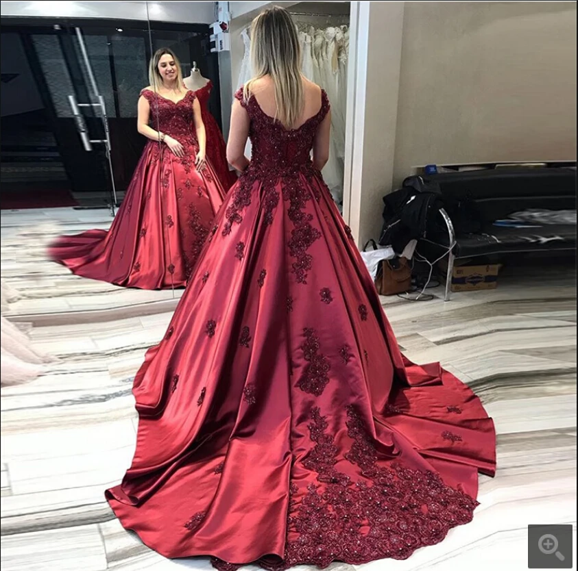 new arrival burgundy satin ball gown lace appliques beaded prom dresses off the shoulder v neck stylish prom gowns hot sale