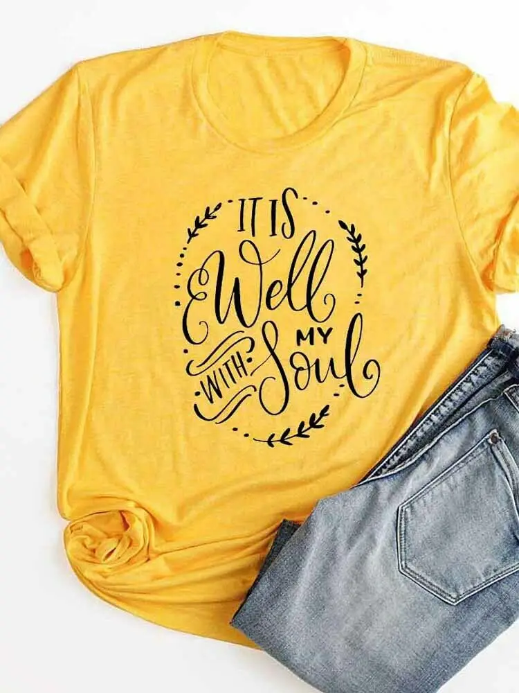 gold tee gold text Футболка с надписью «it is well with my soul»; Повседневная стильная футболка в христианском стиле; летняя хлопковая винтажная одежда; топы с надписью «Bible Verse» - Цвет: gold tee gold text