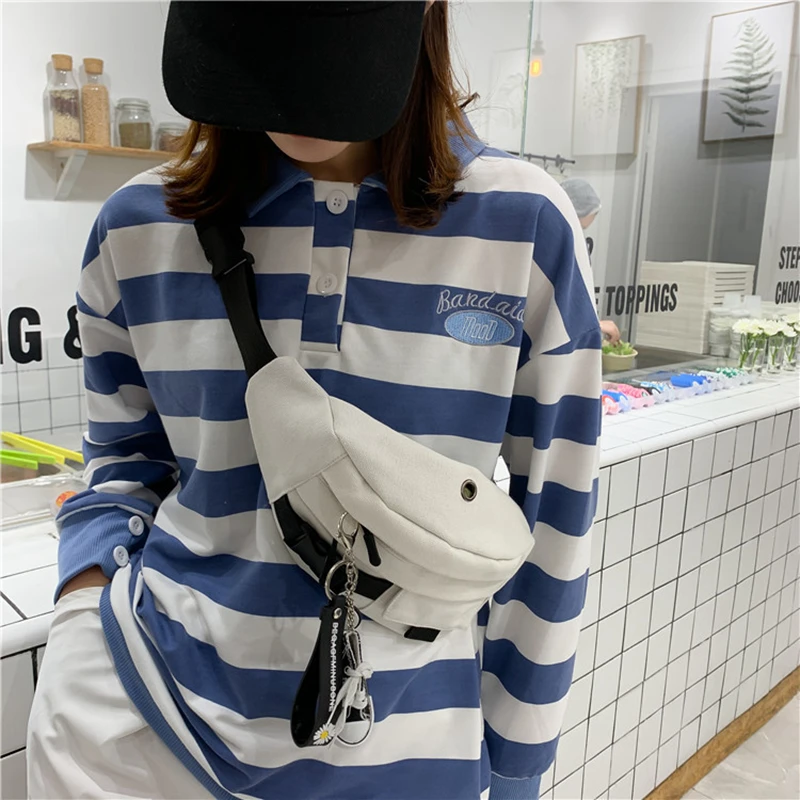 

Waist Belt Bag Female Bag 2020 New Harajuku Style Slung Canvas Casual Running Sports Chest Bag White Fanny Pack Black Bum Bag
