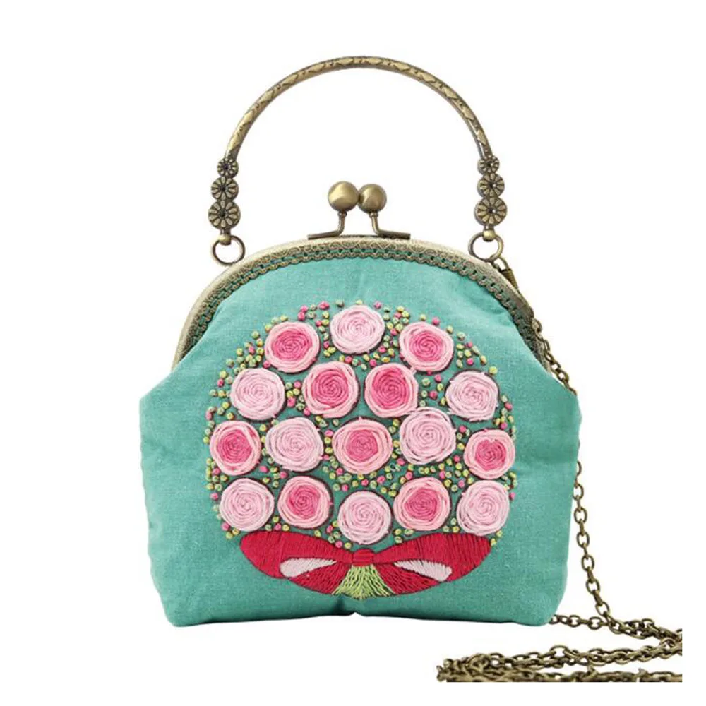 DIY Ribbon Embroidery Bag Set Handmade Needlework Kits Cross Stitch Chain Bag Swing Purse Wallet 3D