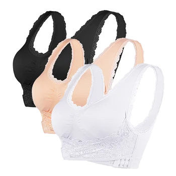 

1PC Plus Size Lingerie Lace Solid Color Cross Side Buckle Without Rims Gathered Sports Underwear Sleep Bra White Beige Black