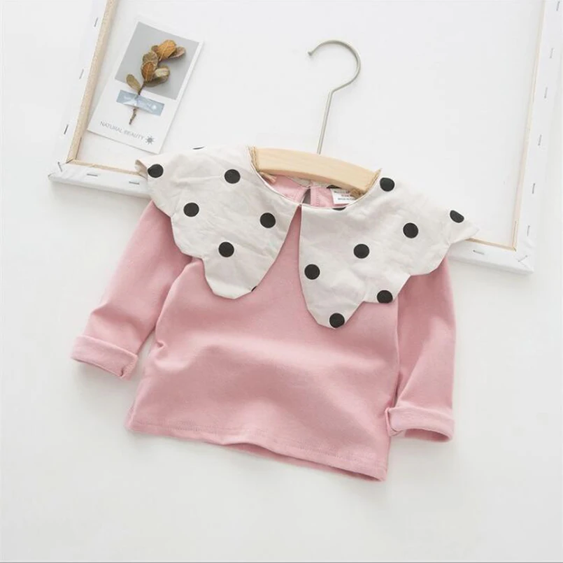 Рубашка для девочек с большим треугольным воротником в горошек; сезон осень-зима; хлопковая детская блузка с длинными рукавами для девочек; одежда для малышей; топы для детей - Цвет: pink