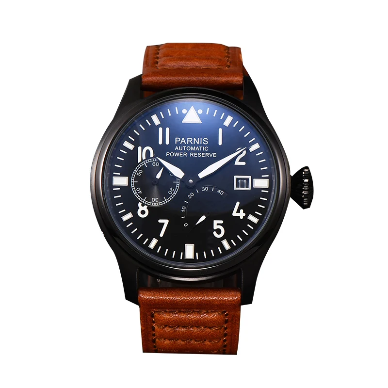 

Parnis 47mm Watch Man Automatic Mechanical Watch Power Reserve Luxury Pilot Luminous Waterproof Male Wristwatch Leather Strap