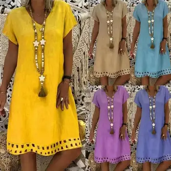 

LTP Summer Fashion Temperament Charm Women Solid Color Sequin V-Neck Short Sleeve Loose Midi Dress