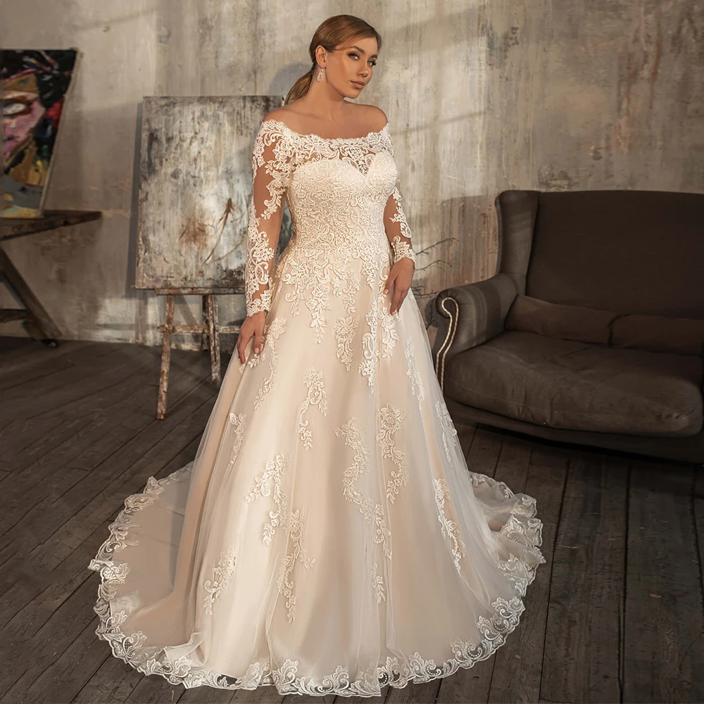 Long Sleeves Scoop Neck Wedding Dress Plus Size Vestido De Noiva Lace Appliques Back Zip with Button Bridal Dresses