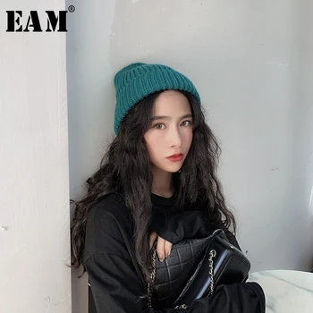 

[EAM] Women Knitting Fold Split Joint Warm Fishermen Hat New Round Dome Temperament Fashion Tide All-match Spring Autumn 2020