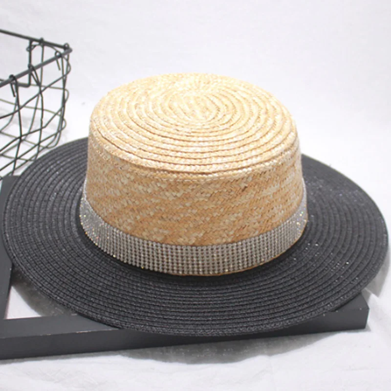 Trend Hats Men And Women Summer Straw Visor Seaside Vacation Color Matching Straw Flat Straw Hat Bright Diamond Hat Travel Beach