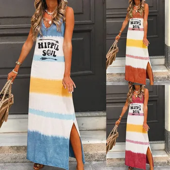 

Beach KaftanTunic Bikini Wrap Skirt The Sleeveless V-neck Printed Vest Letter Stripe Loose Dress Beach Robe Bikini Cover