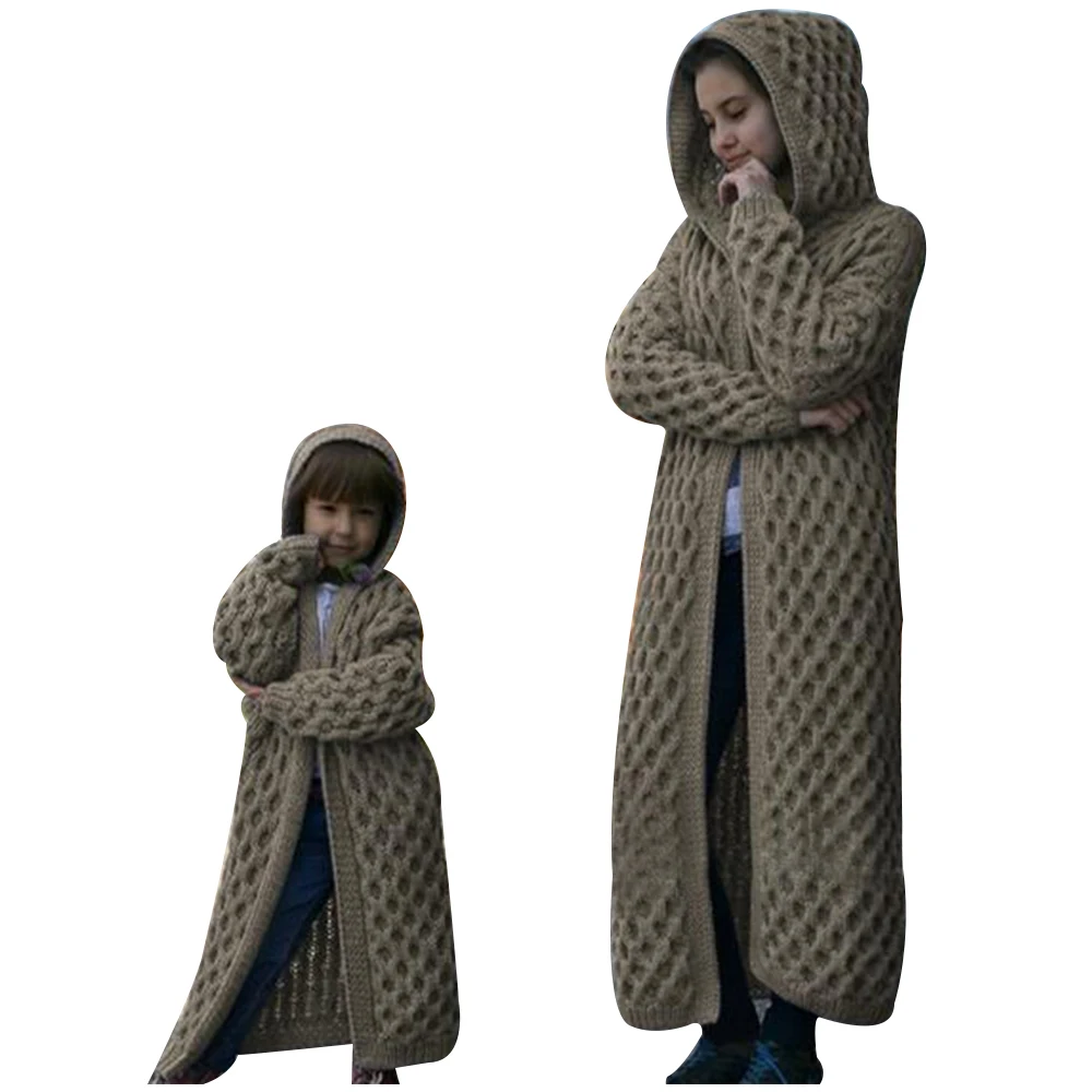 Oeak одинаковые комплекты для семьи, кардиган для мамы и дочки, длинный свитер, осенне-зимнее пальто с капюшоном, однотонная вязаная куртка для мамы и дочки - Цвет: 2