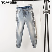 Ins модные джинсы с блестками для женщин, свободные, с эластичной резинкой на талии, повседневные, с большим кодом, брюки Harlan, большие размеры, джинсы на весну и осень