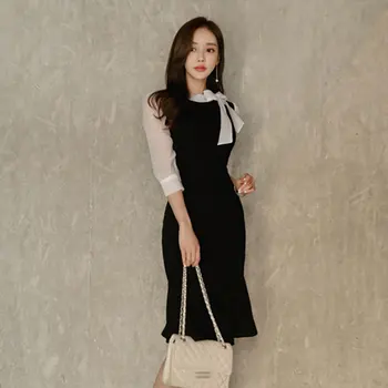 

2020 Spring autumn new Korean women's fashion stitching bow tie seven-point sleeve temperament bag hip fishtail dress