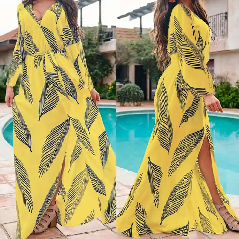 

S-5XL Women Vintage Printed Shirt Dress Celmia 2019 Autumn Sexy V Neck Split Party Vestidos Belted Casual Loose Long Robe Femme