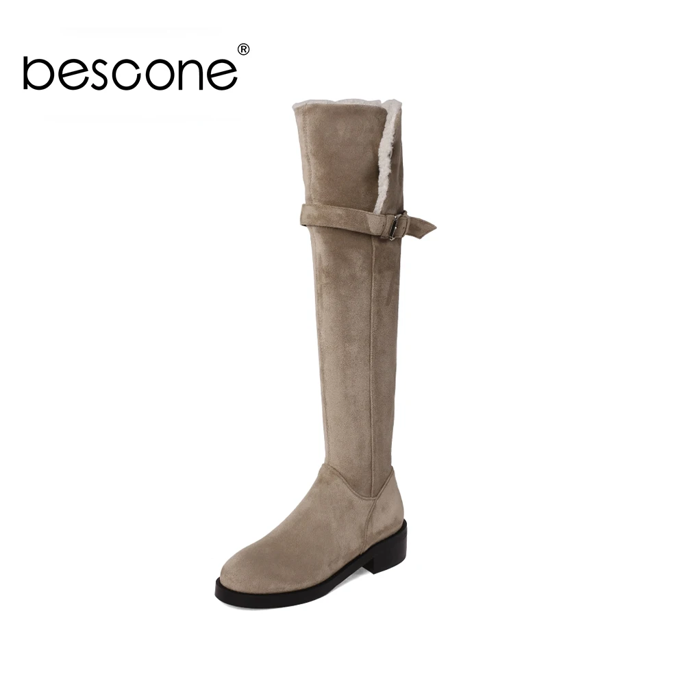 

Bescone Women Knee High Boots Round Toe Square Low Heel Warm Plush Lining Winter Boots Shoes BM651