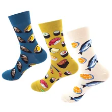 3 пар/лот, мужские и женские носки из чесаного хлопка, цветной забавный мужской свадебный Рождественский подарок, носки, парные носки с принтом рыбы, фруктов, еды, Sox