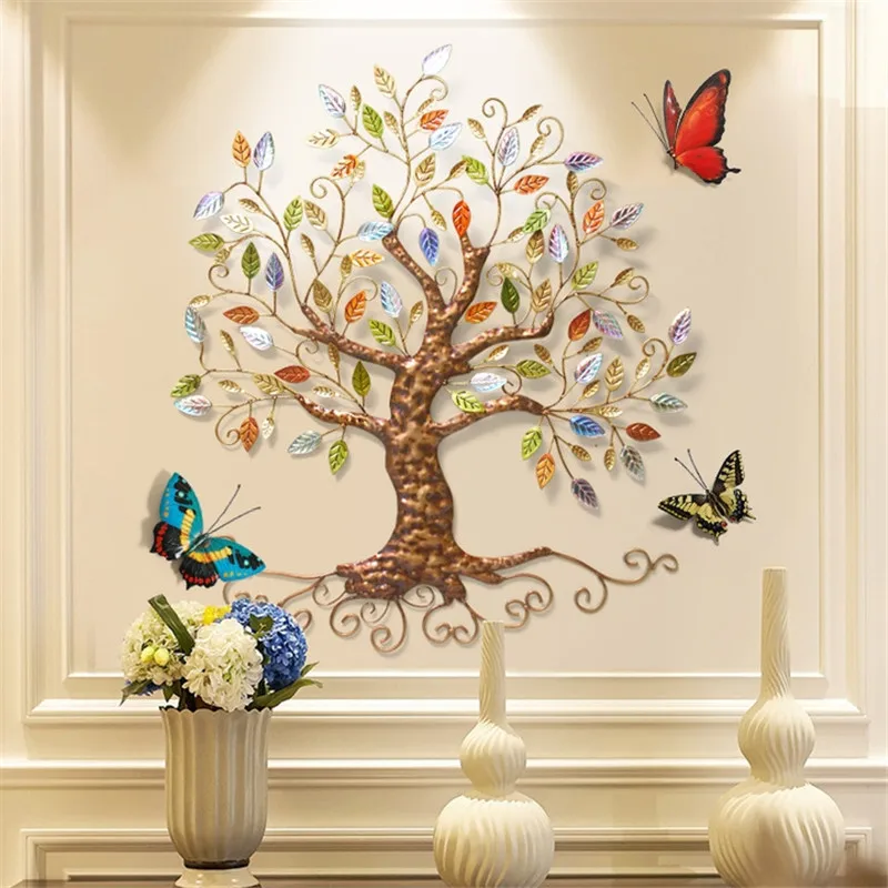 Wrought Iron Crafts Wall Hanging 3D Butterfly Love Flowers Pachira Wall Decoration Background Wall Sticker Metal Ornament R3112