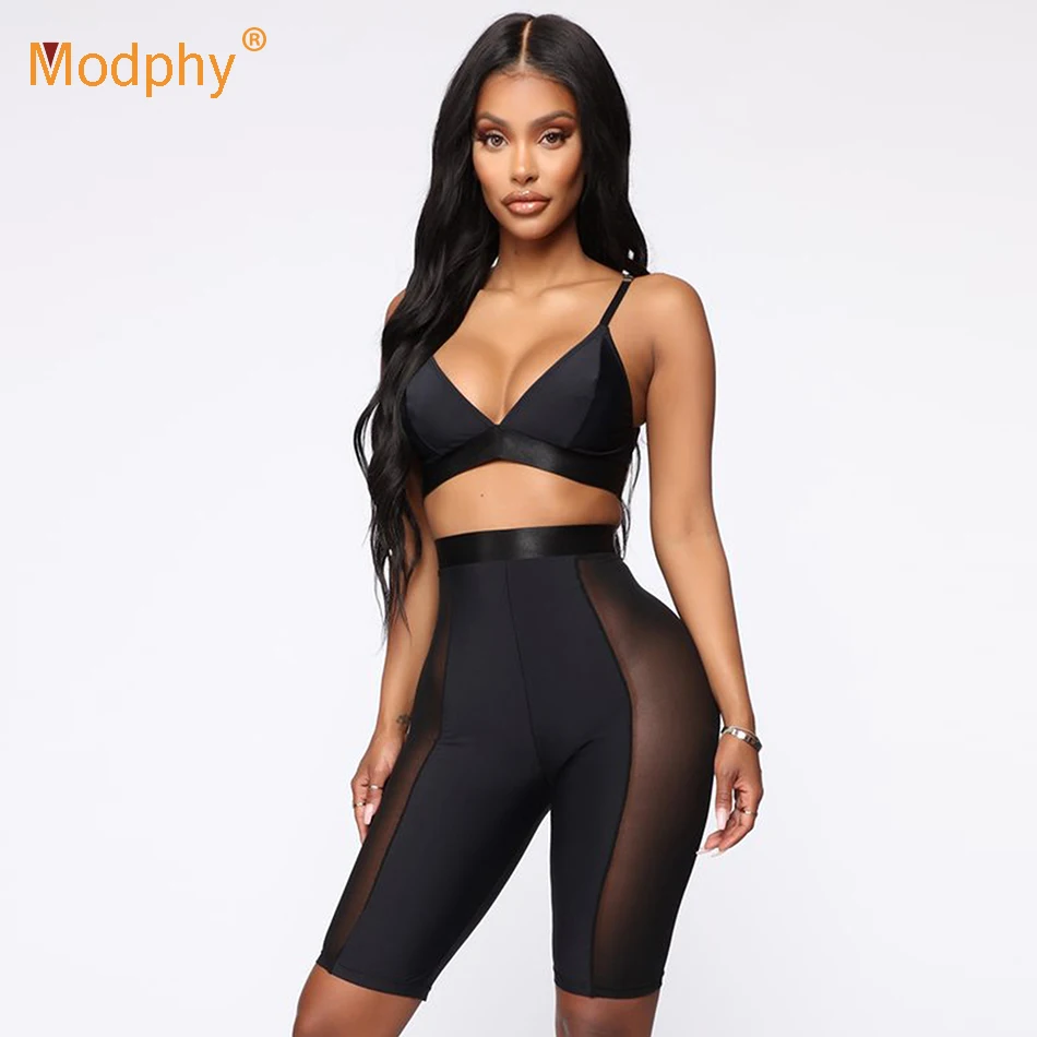 

2019 black new women's mesh gauze stitching bandage set sexy hollow Italian top nine pants 2 two-piece sports party set jumpsuit
