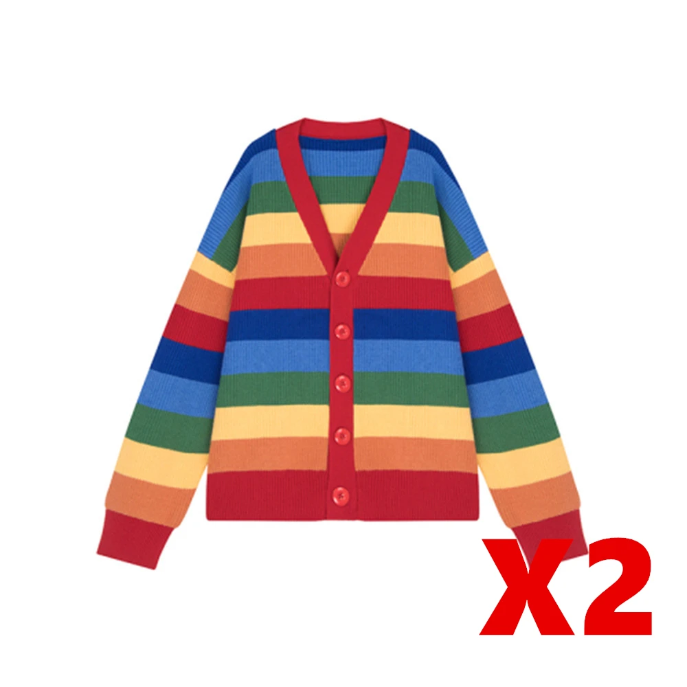 2PCS Cardigan Зимний вязаный кардиган с длинным рукавом, свитер для женщин на каждый день, в радужную клетку, круглый вырез, женский шерстяной джемпер, свитера, топы, одежда для женщин - Цвет: 2PCS Cardigan