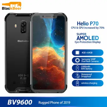 Перейти на Алиэкспресс и купить Водонепроницаемый мобильный телефон Blackview BV9600, Helio P70, Android 9,0, 4 Гб + 64 ГБ, сотовый телефон 6,21 дюйма, 19:9 AMOLED, 5580 мАч, прочный смартфон