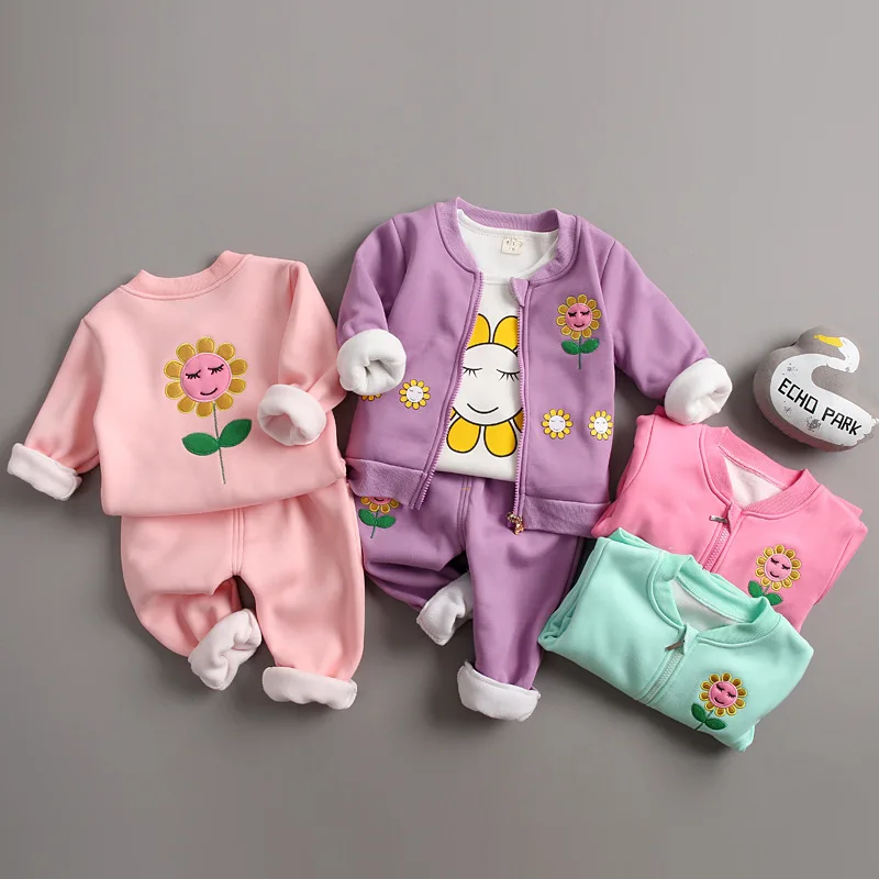 

2019 New Style Winter Children Children Childrenswear Baby plus Velvet Flower Sunflower Hoodie Three-piece Set