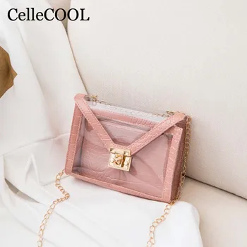 

Summer new ladies transparent bag lock small square bag shoulder diagonal chain bag small crocodile pattern mobile phone bag