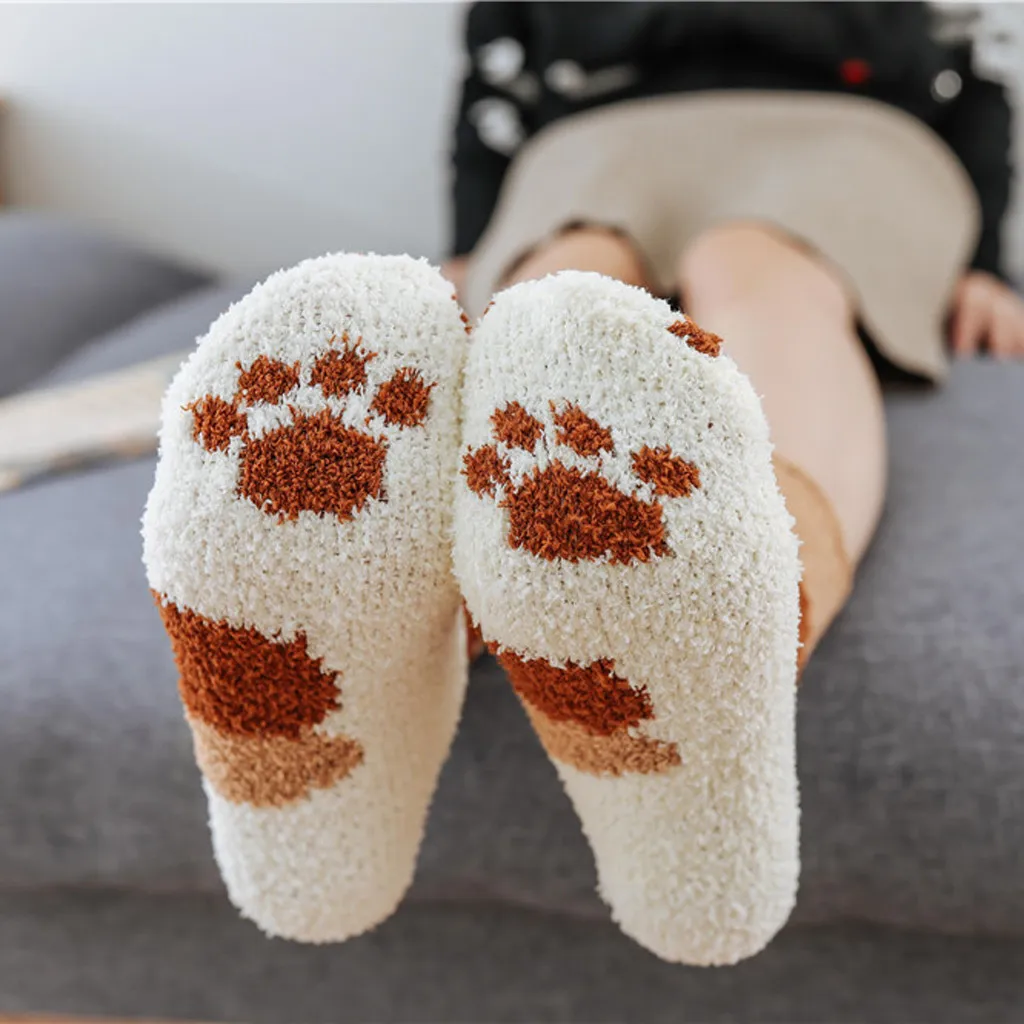5 шт., зимние теплые носки с кошачьими лапами для женщин, модная симпатичная кошачья лапа для девочек, коралловые домашние носки-тапочки, толстые пушистые носки средней длины для сна